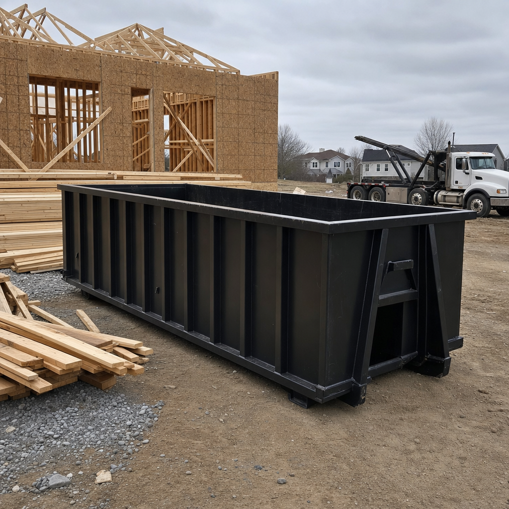 Matte-black 40-yard roll-off dumpster staged on a framed-out residential construction site in Knoxville, framing lumber stacked nearby, hooklift delivery truck visible in the background under bright Colorado daylight