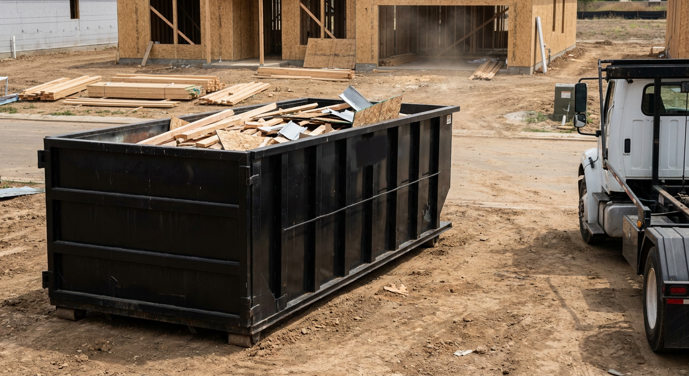 Matte-black 20-yard roll-off construction dumpster with heavy ribbed steel sidewalls and swing rear doors at a working jobsite in Knoxville, sitting directly on compacted dirt with an unmarked white hauler partially visible at the far edge of the frame.
