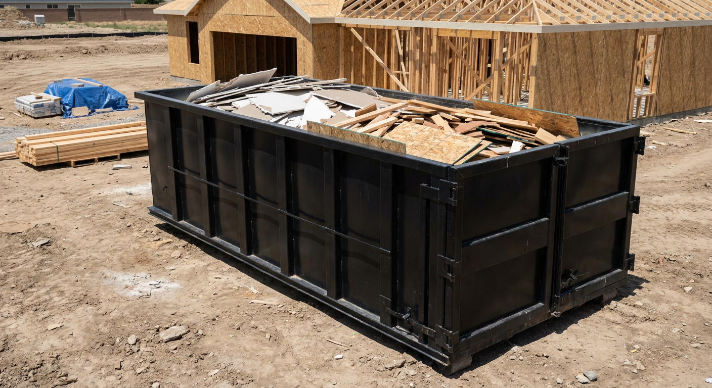 Matte-black 30-yard roll-off construction dumpster sitting directly on the compacted-dirt site of a framed single-family home build in Knoxville, drywall and lumber scrap loaded inside.