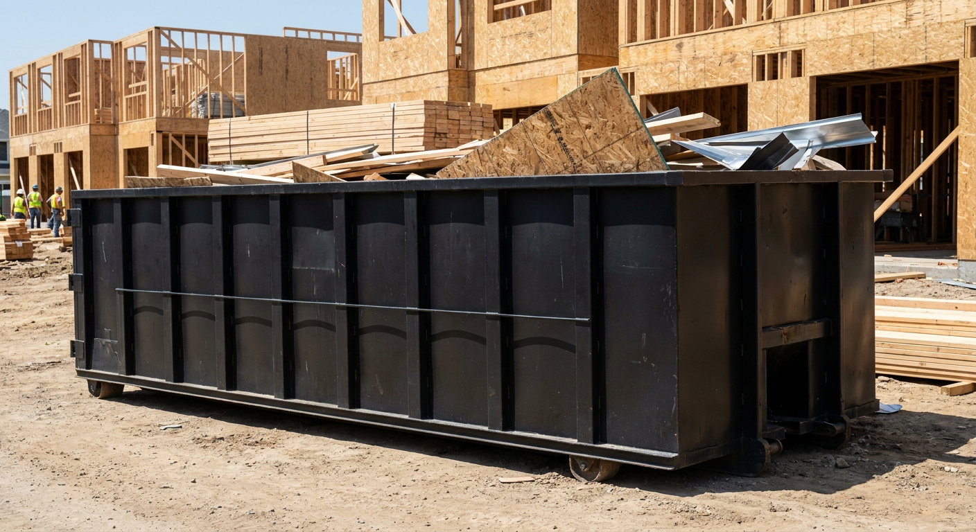 Matte-black 40-yard roll-off construction dumpster being lowered from a white-cab hooklift delivery truck onto the compacted-dirt jobsite at a commercial build site in Knoxville