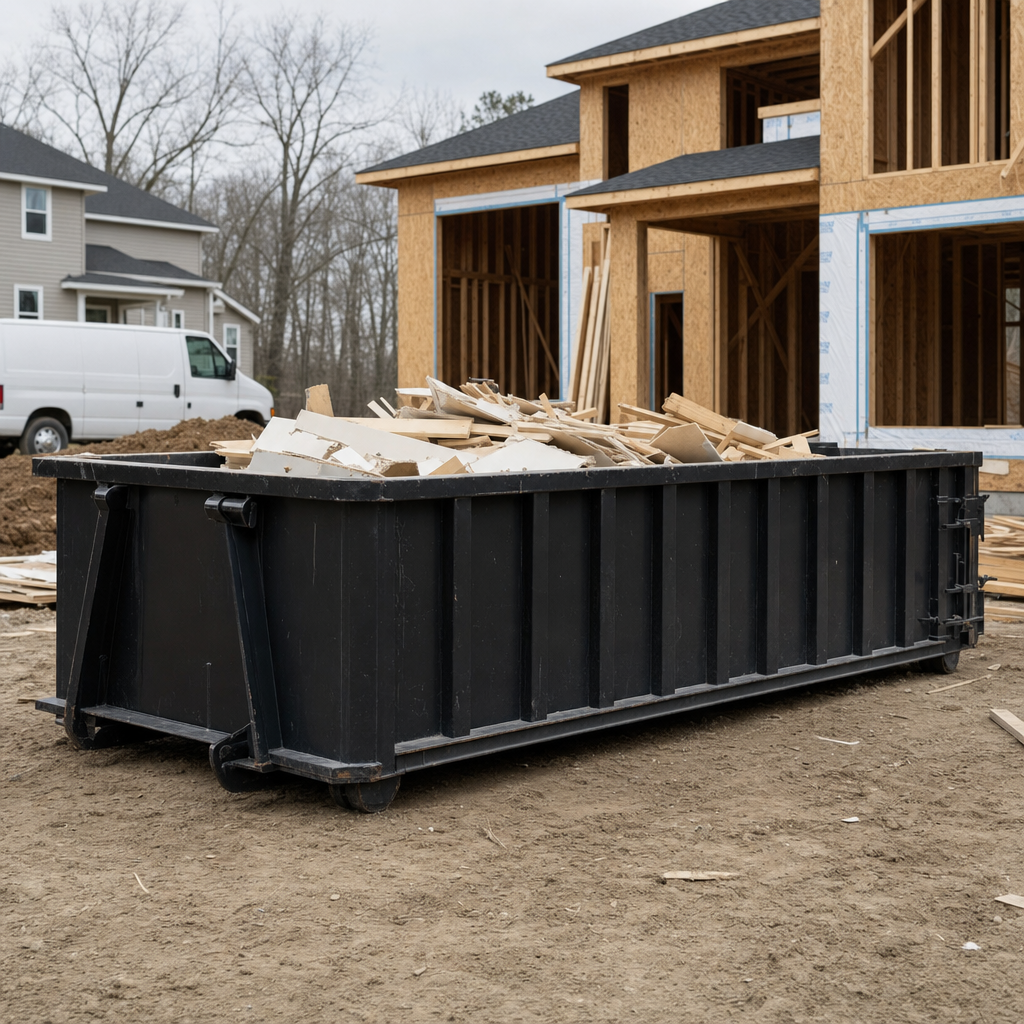 Worker in a yellow high-visibility vest tossing framing lumber and broken drywall into a matte-black 30-yard construction roll-off dumpster on an active build site in Knoxville, bright daylight
