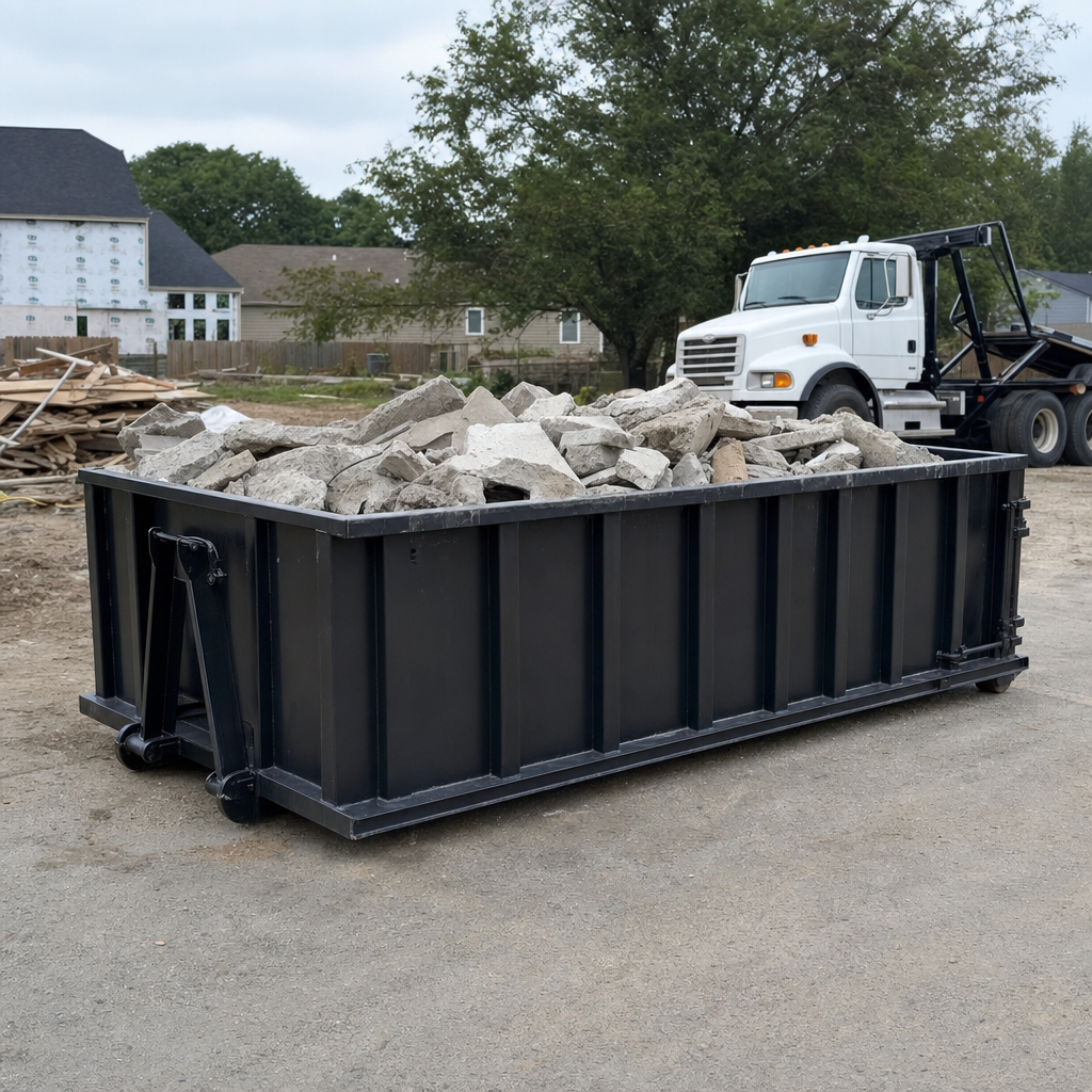 Low-profile matte-black lowboy roll-off dumpster loaded with broken concrete slab and rebar at a foundation tear-out in Knoxville, skid steer parked beside it, sunny Colorado morning