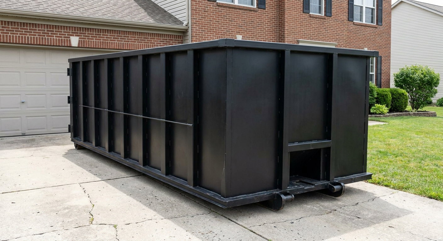 Matte-black 20-yard roll-off container on a Knoxville residential concrete driveway with reinforced ribbed steel sidewalls and a hinged rear walk-in door, clean bright daylight.