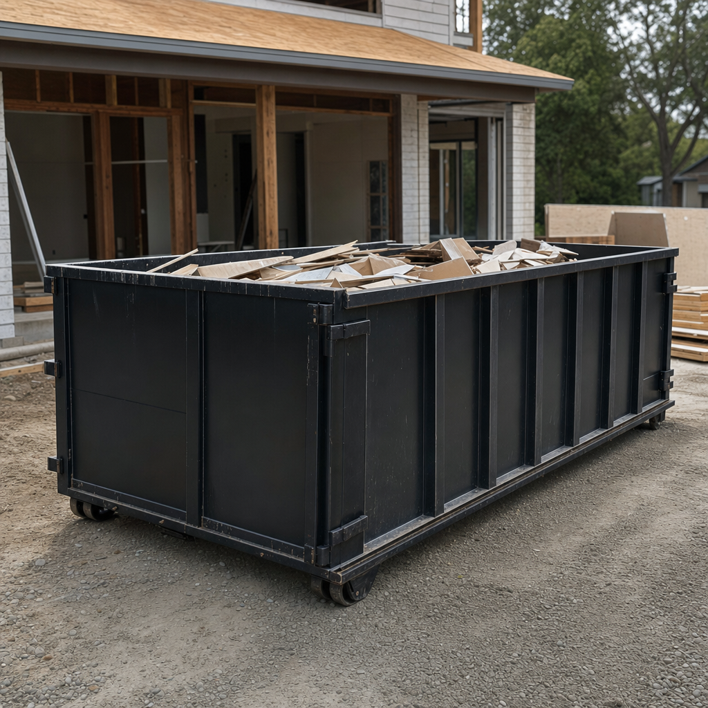 Large matte-black 30-yard construction roll-off dumpster at an active Knoxville jobsite, steel-gray top rails and bottom rollers visible, loaded with construction debris.