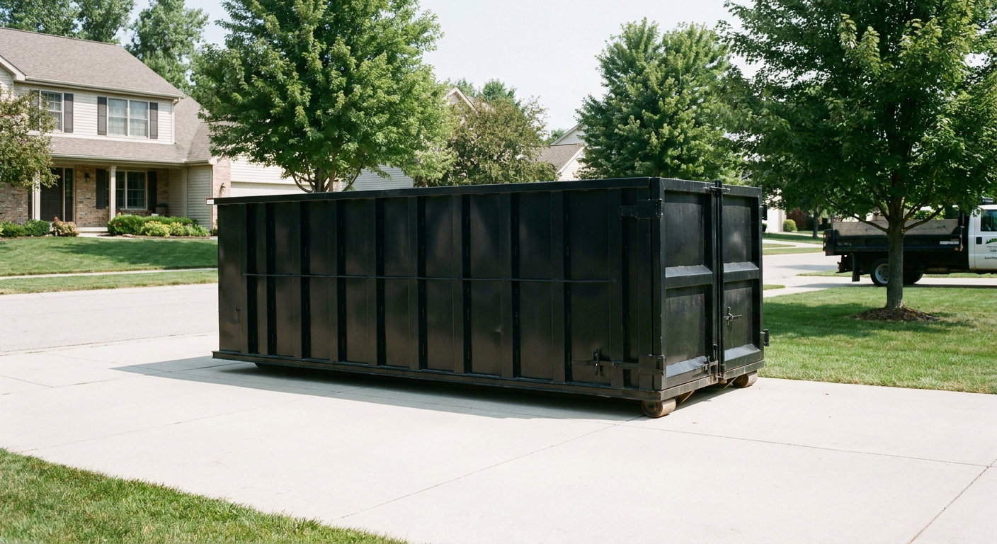 Matte-black 20-yard roll-off dumpster sitting level on a clean Knoxville residential concrete driveway under bright daylight, demonstrating clean placement directly on the concrete.