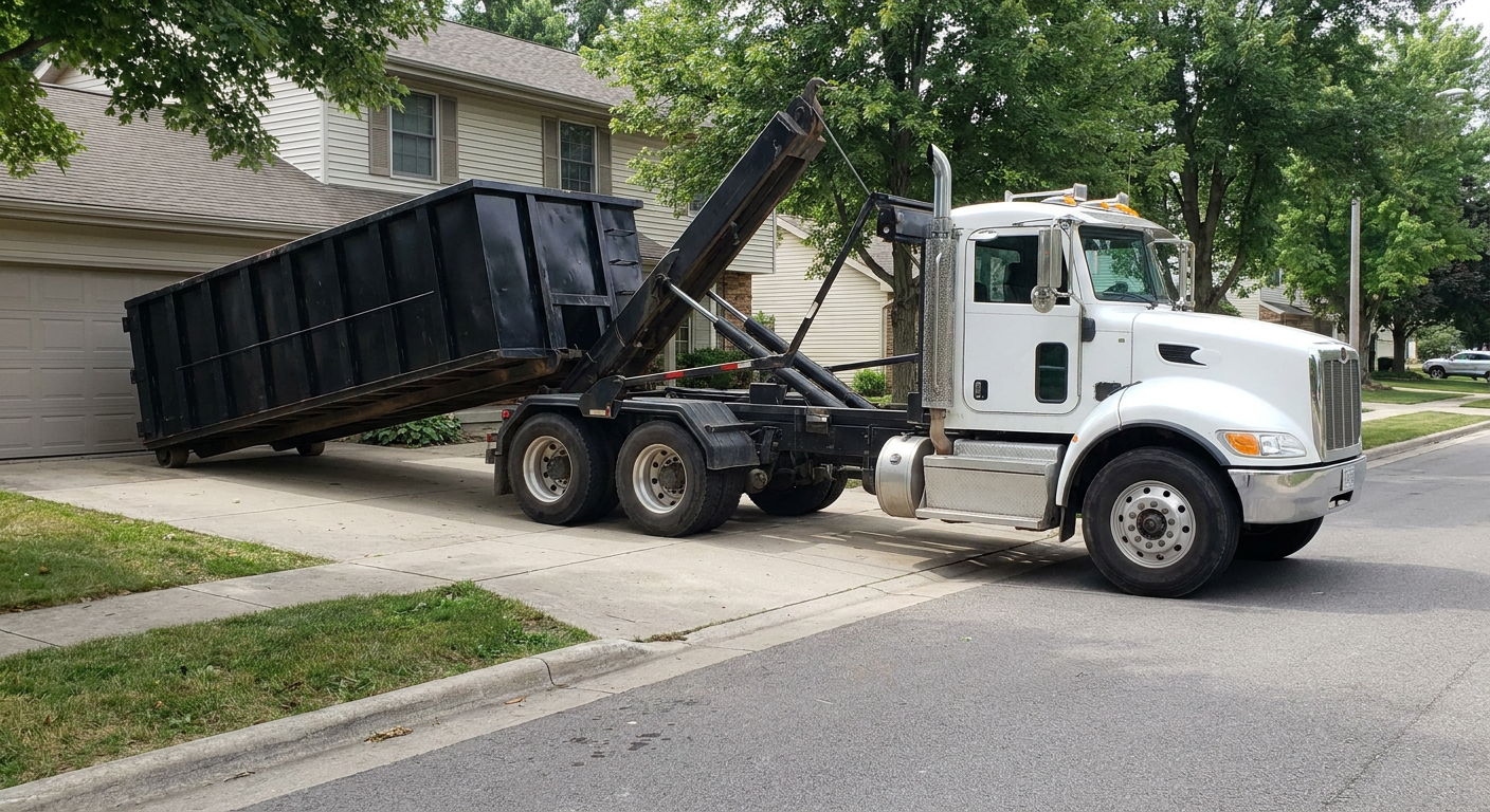 White-cab hooklift roll-off truck actively lowering a matte-black dumpster onto a Knoxville residential concrete driveway, the dumpster's rear wheels touching the driveway as the hoist arm tilts the bed forward, mid-morning daylight.