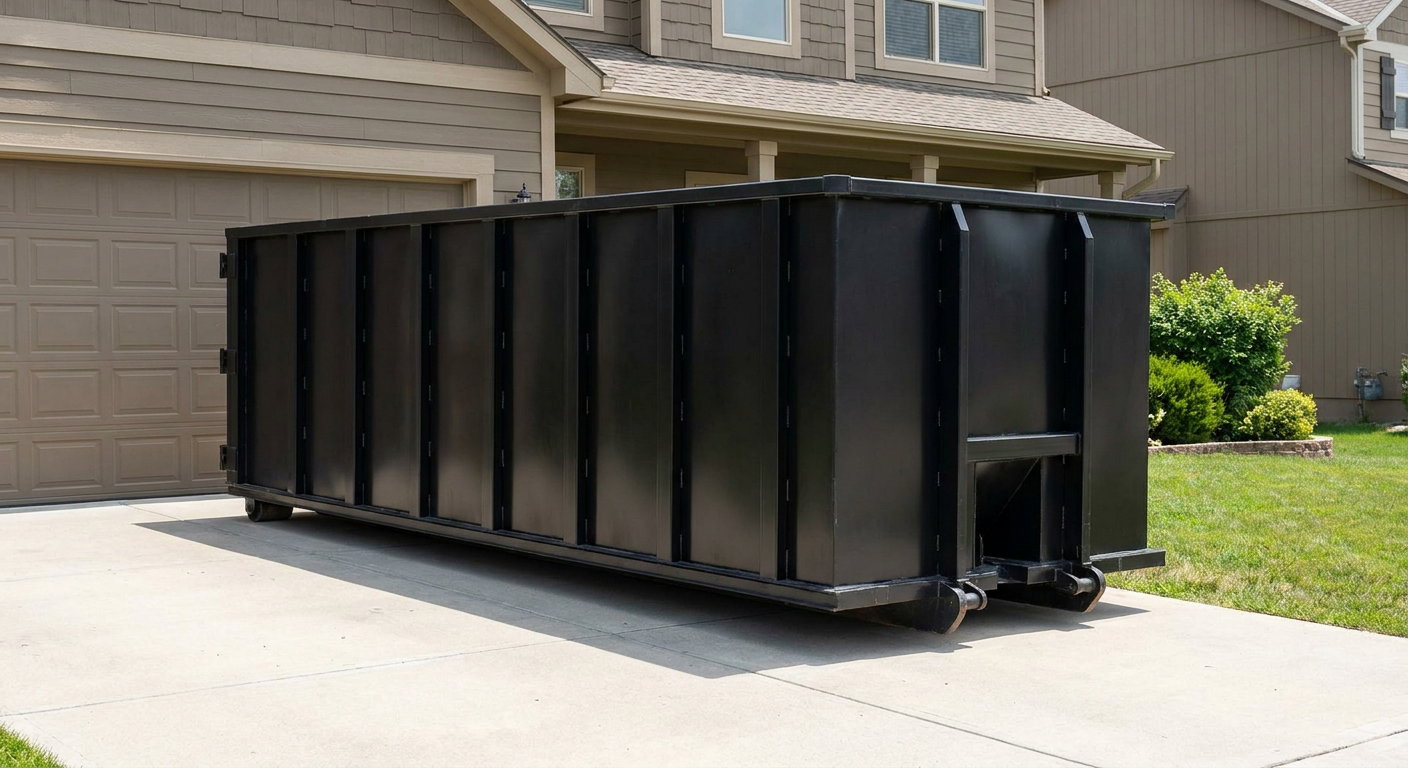 Matte-black residential roll-off dumpster sitting directly on a suburban Knoxville concrete driveway, garage door closed, single-family home in background, bright morning daylight.