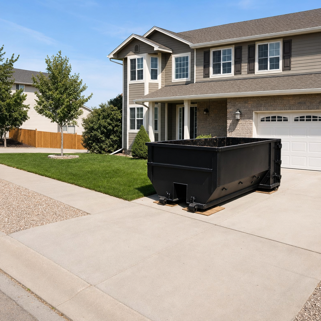 10-yard matte-black residential dumpster placed directly on a narrow Knoxville concrete driveway, room remains for a parked sedan beside it, mid-morning natural light