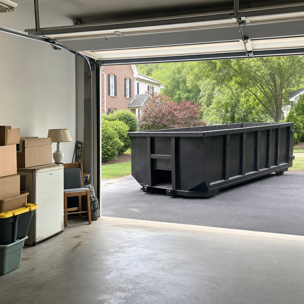 Open garage interior in a Knoxville home mid-cleanout — boxed items, an old appliance, and stacked yard tools queued near the driveway for a matte-black roll-off dumpster, organized and calm
