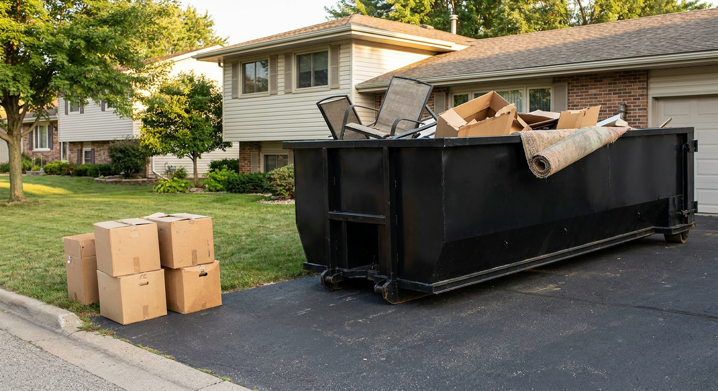 Front-yard view of a Knoxville split-level home with a 20-yard matte-black roll-off dumpster sitting directly on the asphalt driveway, a few clearly labeled donation boxes staged at the curb, calm sunny afternoon.