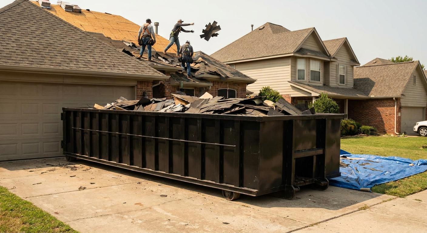 Matte-black roofing roll-off dumpster placed directly on a Knoxville residential concrete driveway, a tear-off crew on a two-story asphalt-shingle roof tossing shingle bundles into the low-walled container, bright daylight, documentary 35mm perspective.