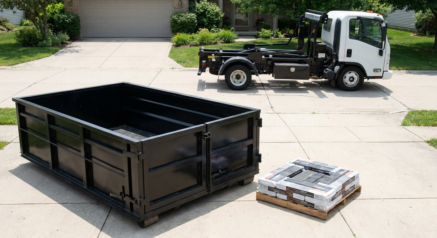 Matte-black 15-yard roofing roll-off dumpster with reinforced low side walls sitting directly on a Knoxville residential concrete driveway, three-tab asphalt shingle bundles stacked nearby, an unmarked white hauler truck partially visible at the edge of the frame.