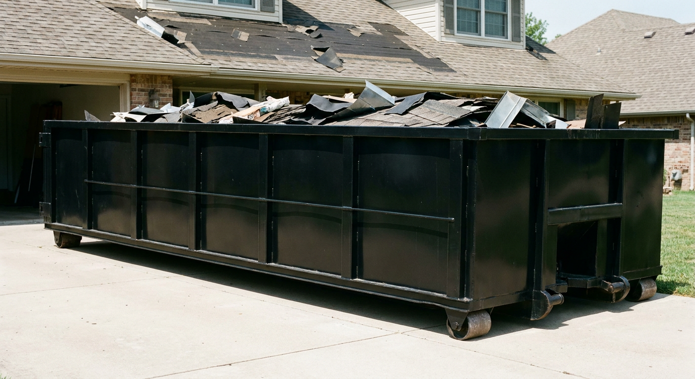 Matte-black 20-yard roofing roll-off dumpster with steel ribbed sides and swinging rear door, sitting directly on the concrete driveway of a two-story Knoxville home, asphalt shingle debris being loaded over the low wall, clean documentary lighting.