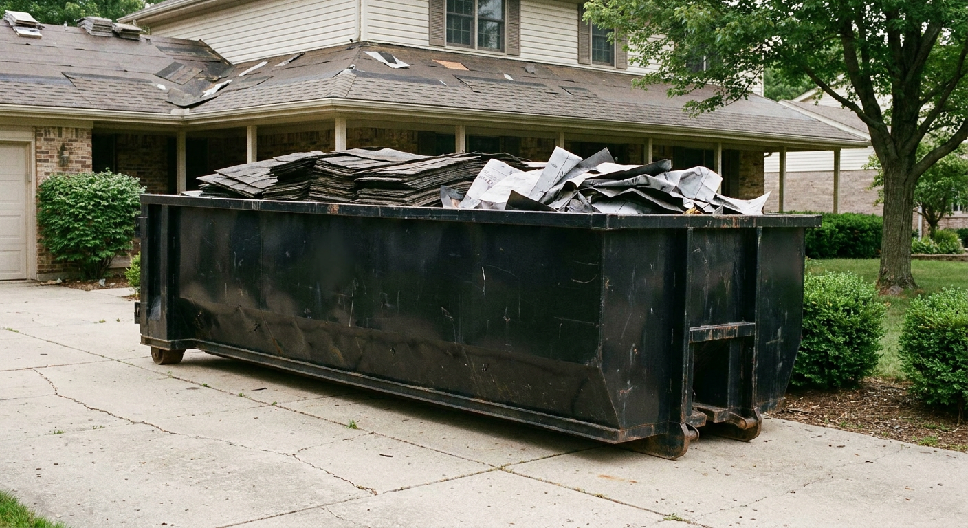 Matte-black 30-yard roofing roll-off dumpster sitting directly on a Knoxville concrete driveway, taller ribbed steel side panels, mixed tear-off debris of asphalt shingles and underlayment inside, professional documentary daylight.