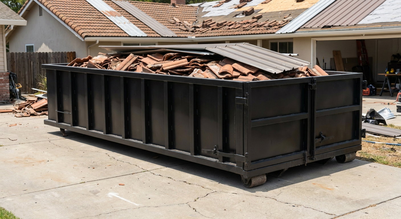 Matte-black low-wall heavy-debris roofing roll-off dumpster sitting directly on a Knoxville concrete driveway, broken concrete clay roof tiles and metal panel sections loaded inside, reinforced ribbed steel side walls visible, bright outdoor daylight.
