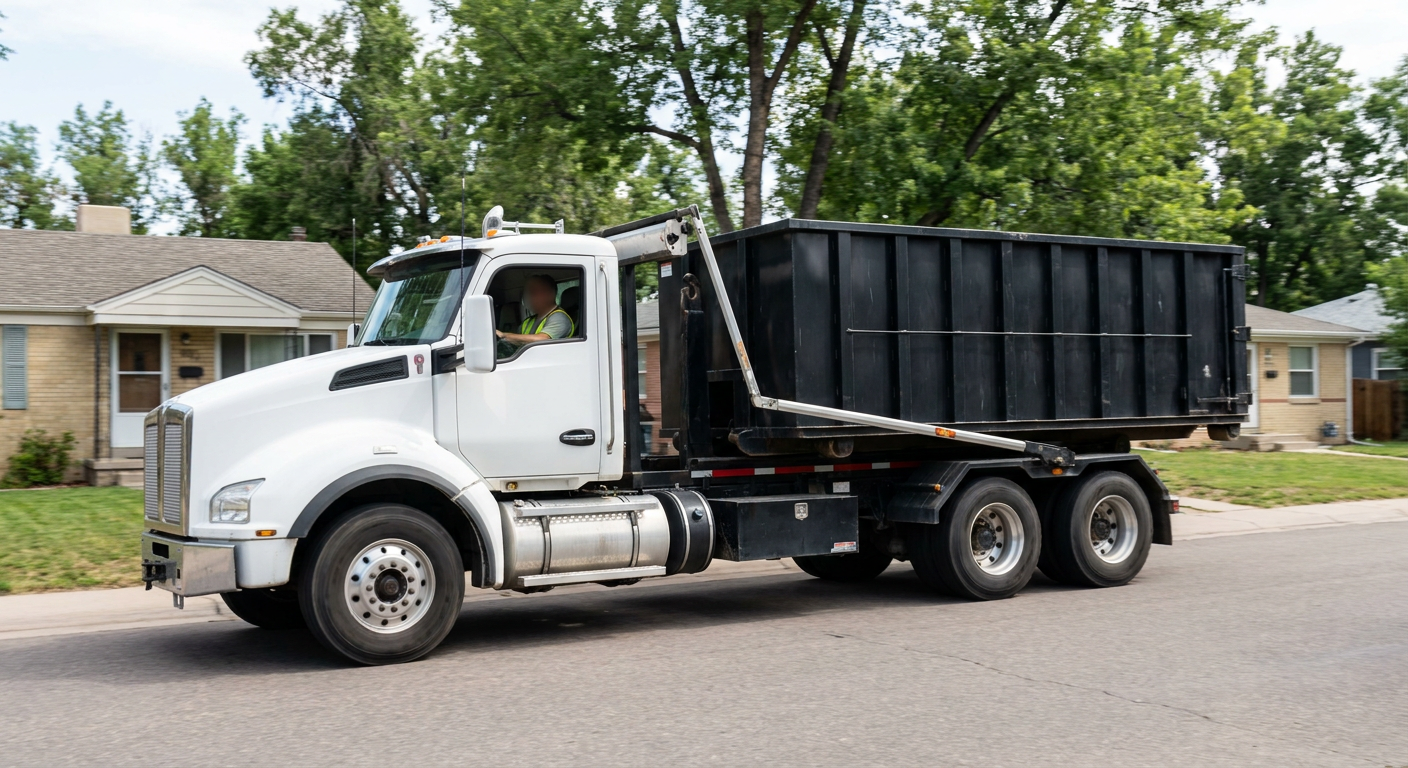 A wide documentary shot of a matte-black roll-off delivery truck pulling onto a quiet Knoxville residential street at mid-morning, with neighborhood rooftops and tree-lined blocks visible behind, showing the metro coverage footprint.