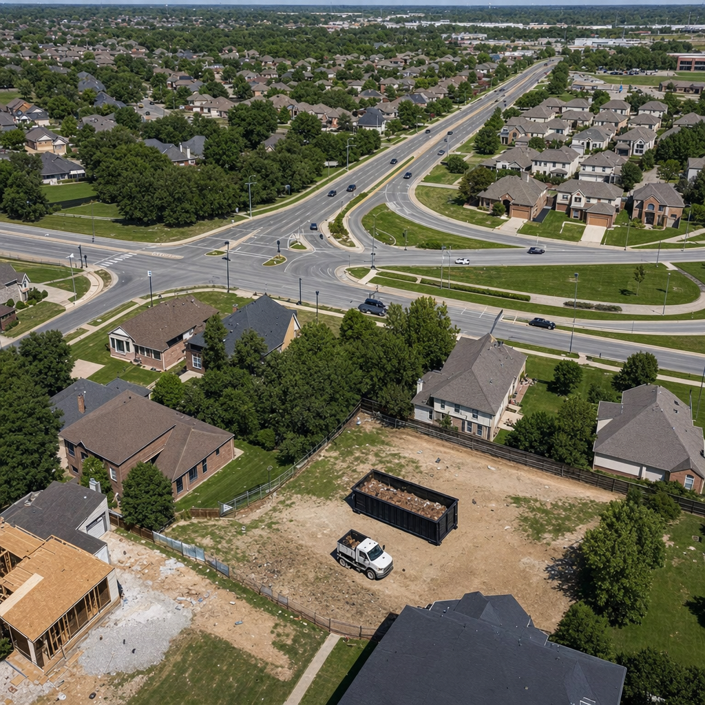 An overhead documentary view of the Knoxville metro area at midday, showing the spread of neighborhoods, arterial roads, and the dispatch radius from a central yard — clean daylight, organized geographic layout.