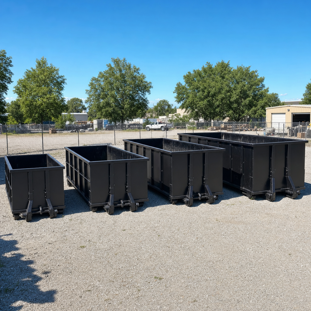 A clean lineup of matte-black roll-off dumpsters in 10, 20, 30, and 40-yard sizes staged on a sunlit gravel yard in Knoxville, showing the size progression from compact to commercial-scale containers.
