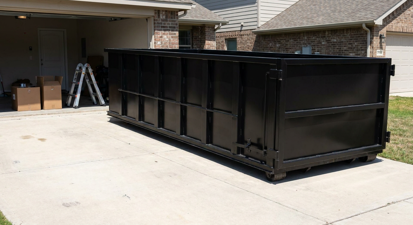 A matte-black 10-yard roll-off dumpster sitting directly on a residential Knoxville concrete driveway, mid-day sunlight, clean and ready for a garage cleanout.