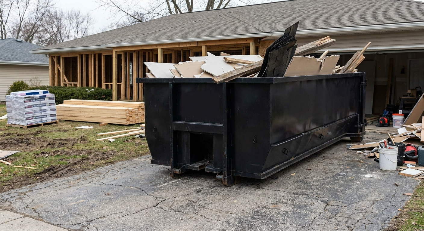 A matte-black 20-yard roll-off dumpster placed alongside a mid-renovation Knoxville home directly on the asphalt driveway, with framing materials and torn-off shingles staged neatly nearby.