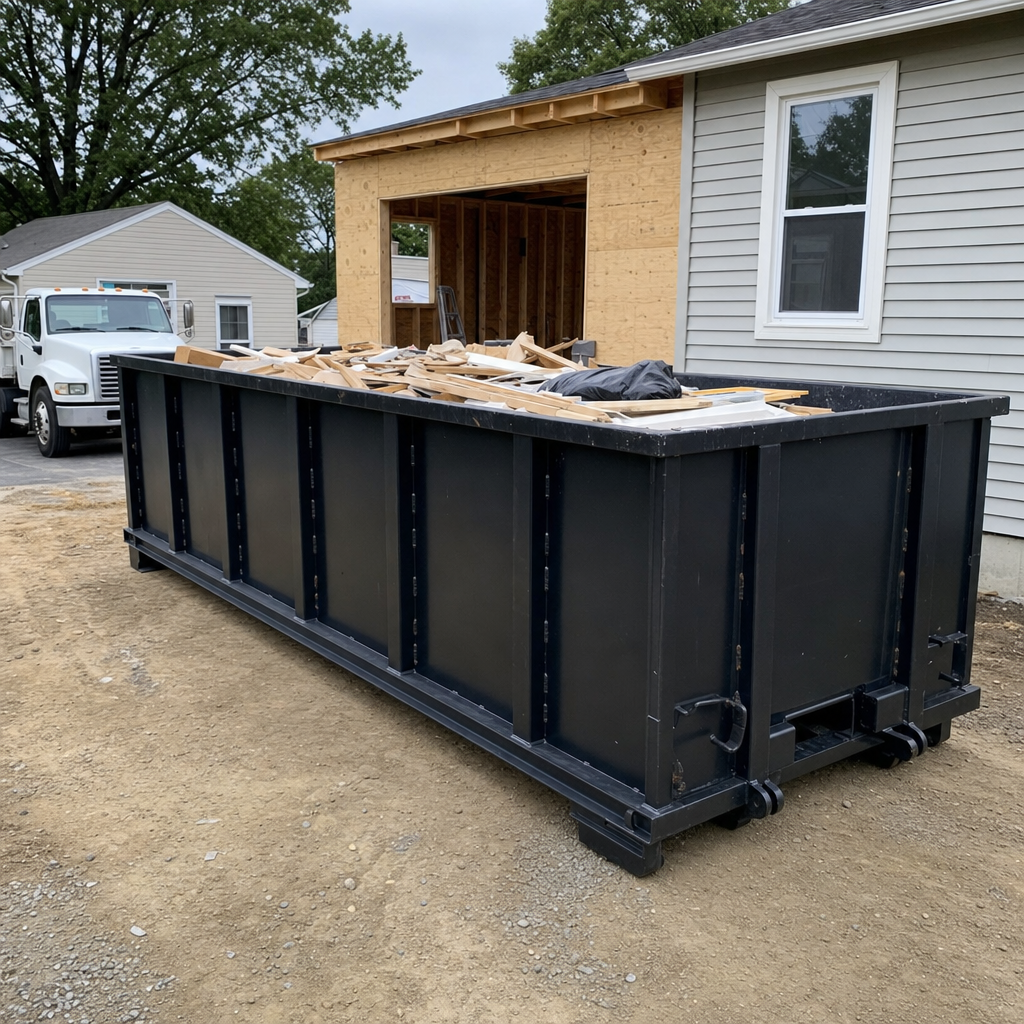 A matte-black 30-yard roll-off dumpster positioned at a Knoxville residential addition jobsite, with framing lumber and drywall scraps loaded through the open swinging rear doors.