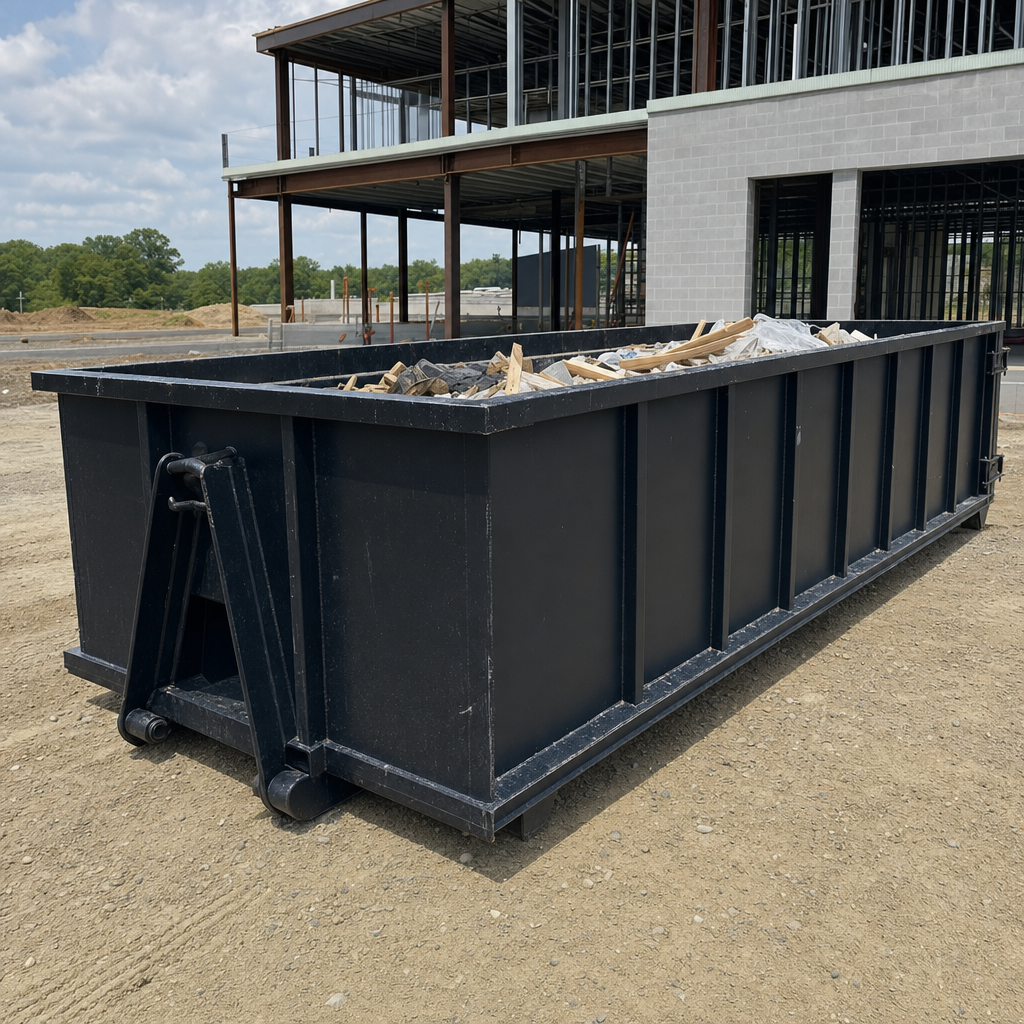 A matte-black 40-yard roll-off dumpster staged on a large Knoxville commercial construction lot, with a hooklift delivery truck parked alongside under bright midday sky.