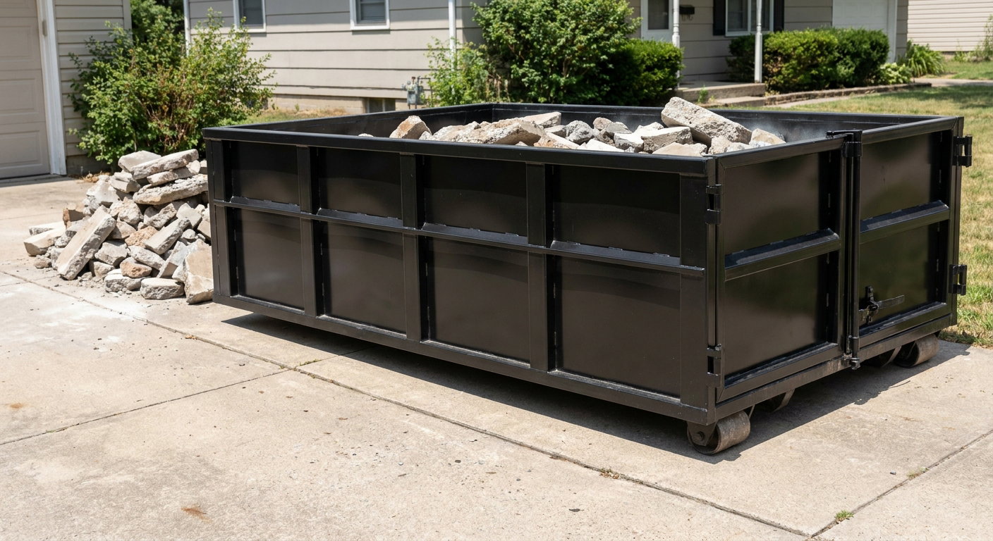 A matte-black low-side heavy-debris roll-off dumpster placed directly on a Knoxville concrete driveway, with broken concrete chunks neatly stacked beside it under clean daylight.